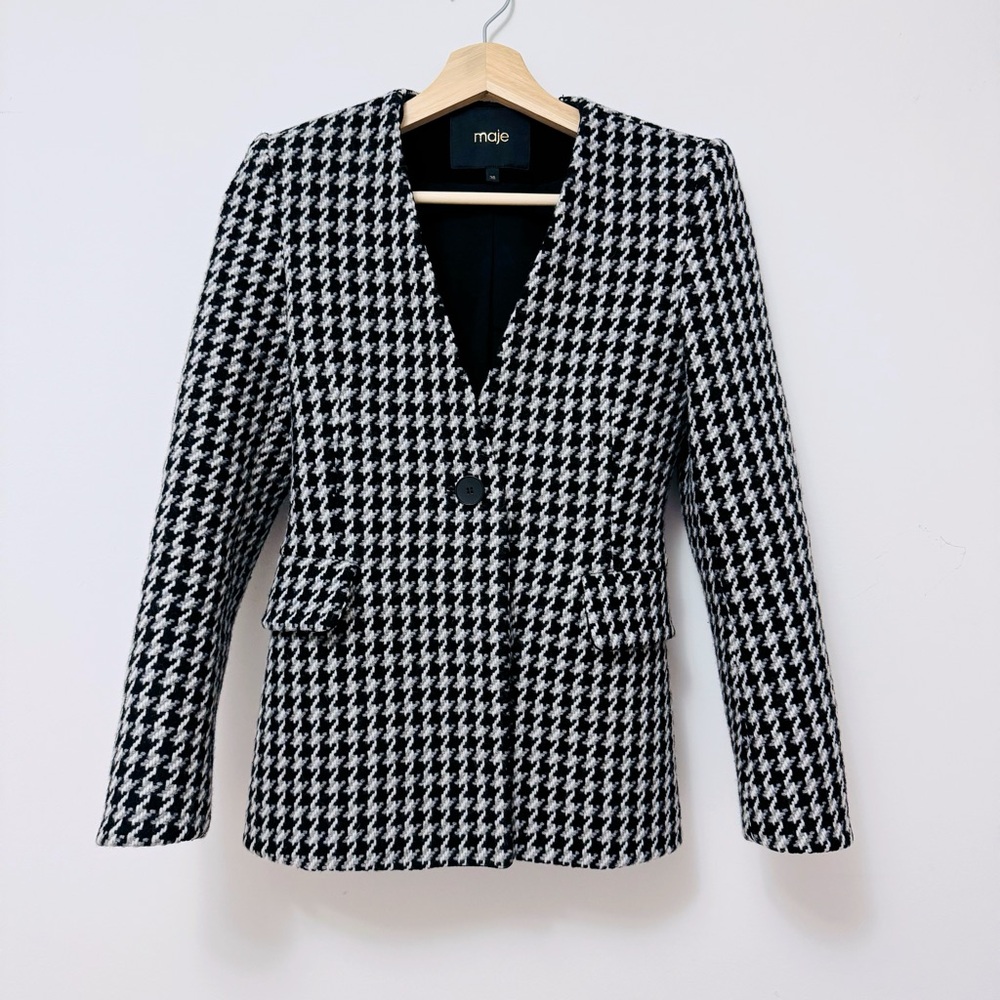 Maje Black and White Houndstooth Wool Blazer